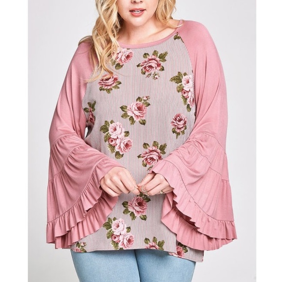 Mauve Pink Floral Ruffle Kimono Bell Slv Tunic Top - Picture 3 of 6
